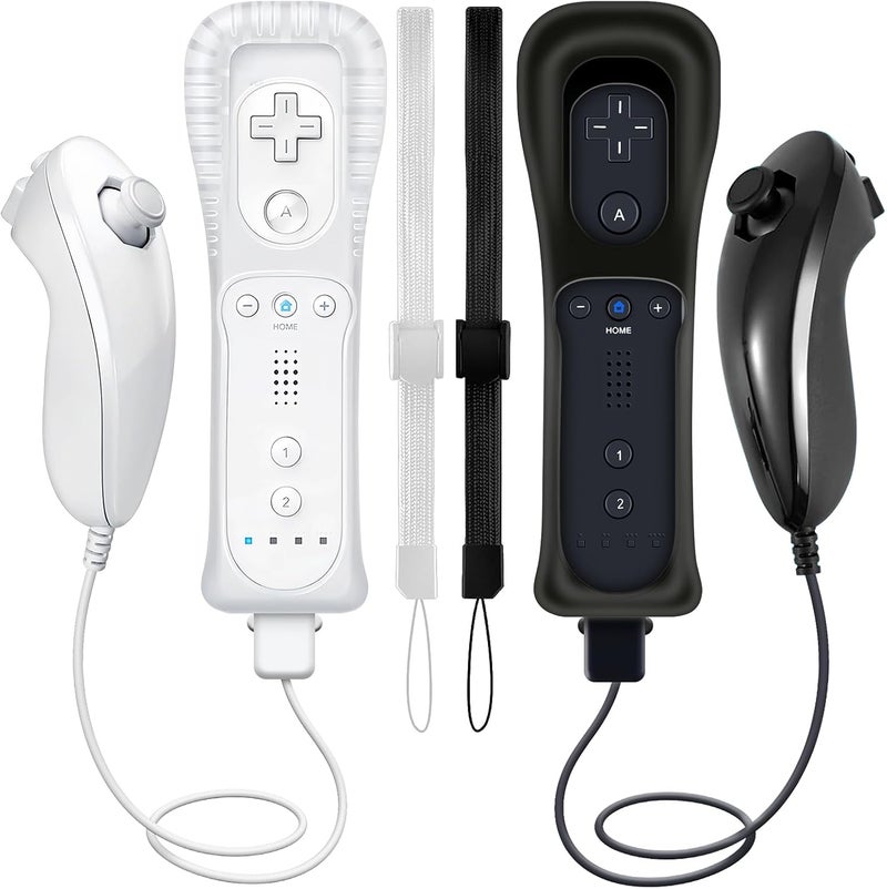 HZIME Replacement Remote Controller Compatible for Wii & Wii U, Built-in 2 in 1 Motion Plus with Silicon Case and Nunchuck (2 Pack White & Black) - Image 1
